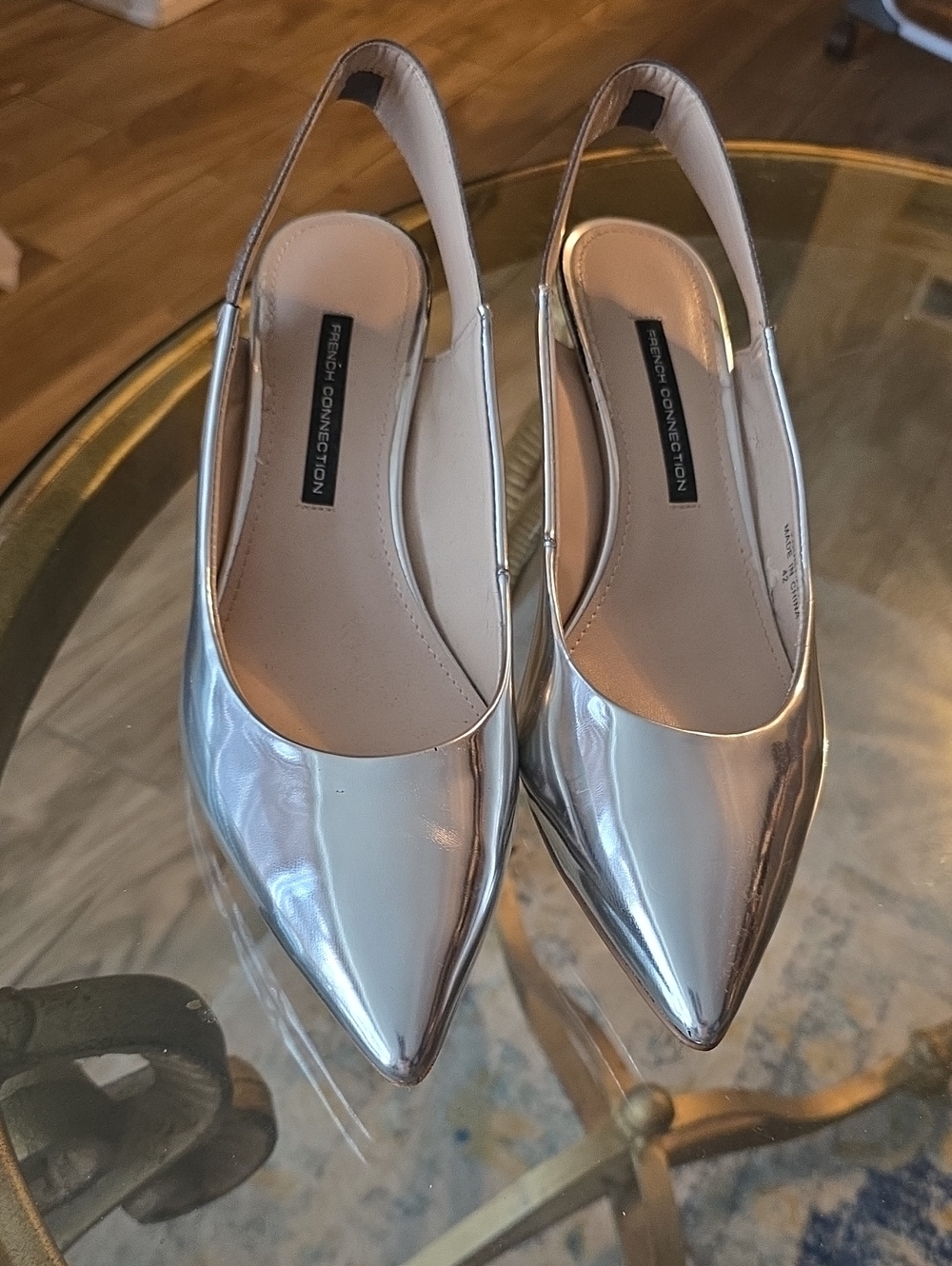 French Connection Metallic Silver Pointed Slingback Flats